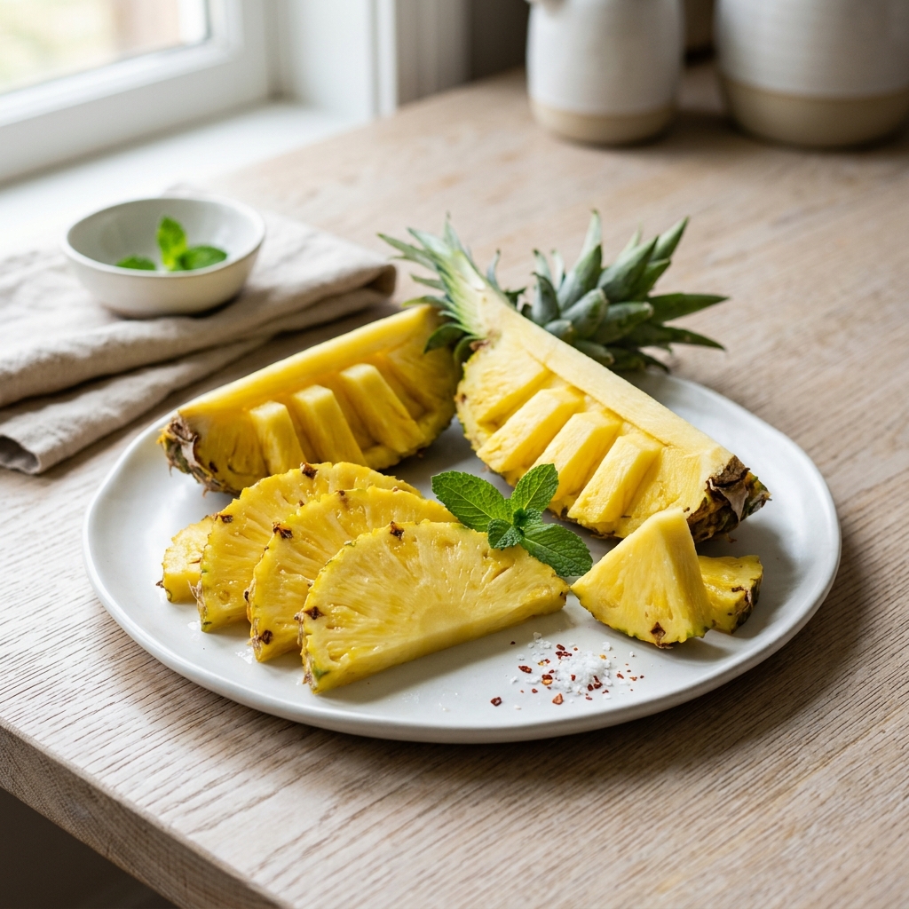 Fresh organic pineapple sliced into beautiful pieces on a modern plate