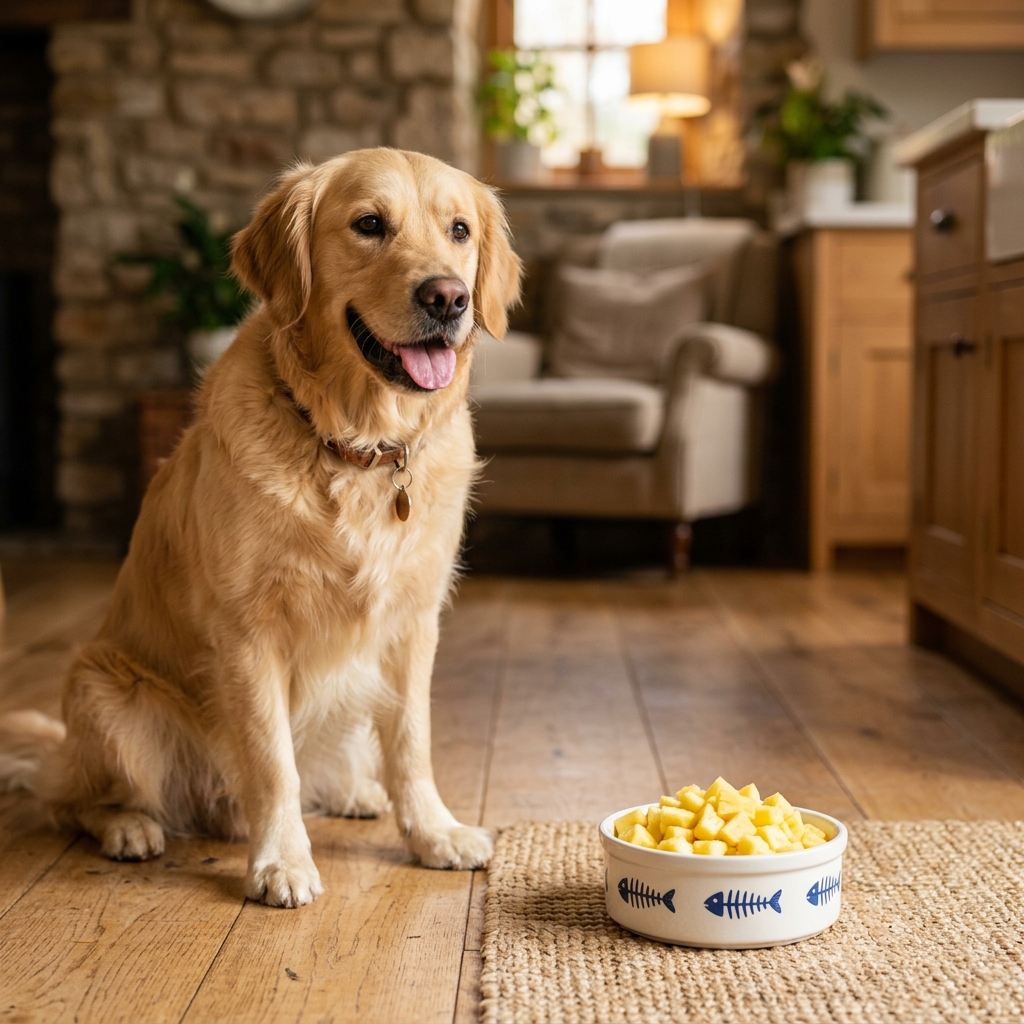 A happy dog looking eager to eat tiny, safe pineapple chunks on a clean pet bowl