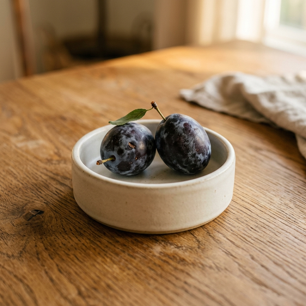 Fresh ripe organic dark plums in a beautiful modern ceramic pet food bowl with warm lighting