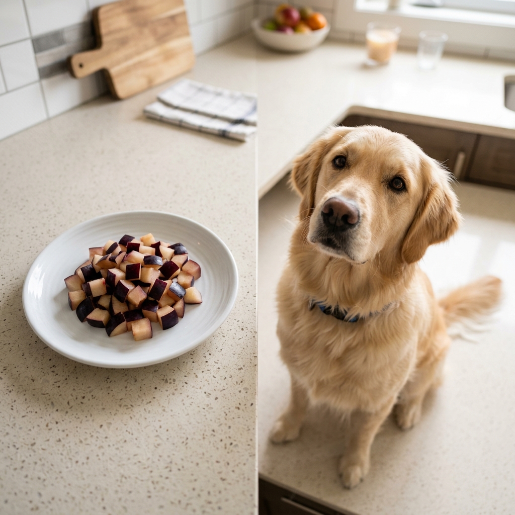Slicing a fresh dark plum and cutting it into small safe bite-sized cubes for dogs on a plate