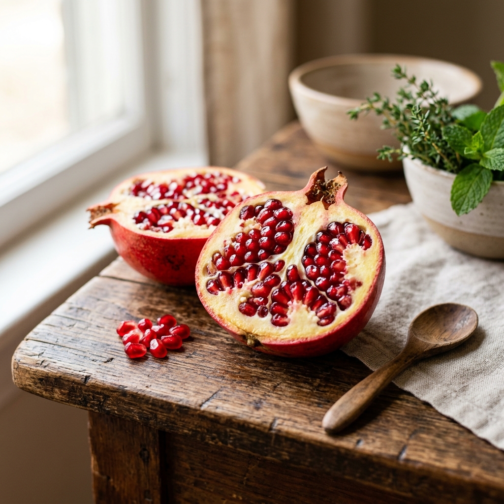 Fresh organic pomegranate cut open showing red seeds on a table