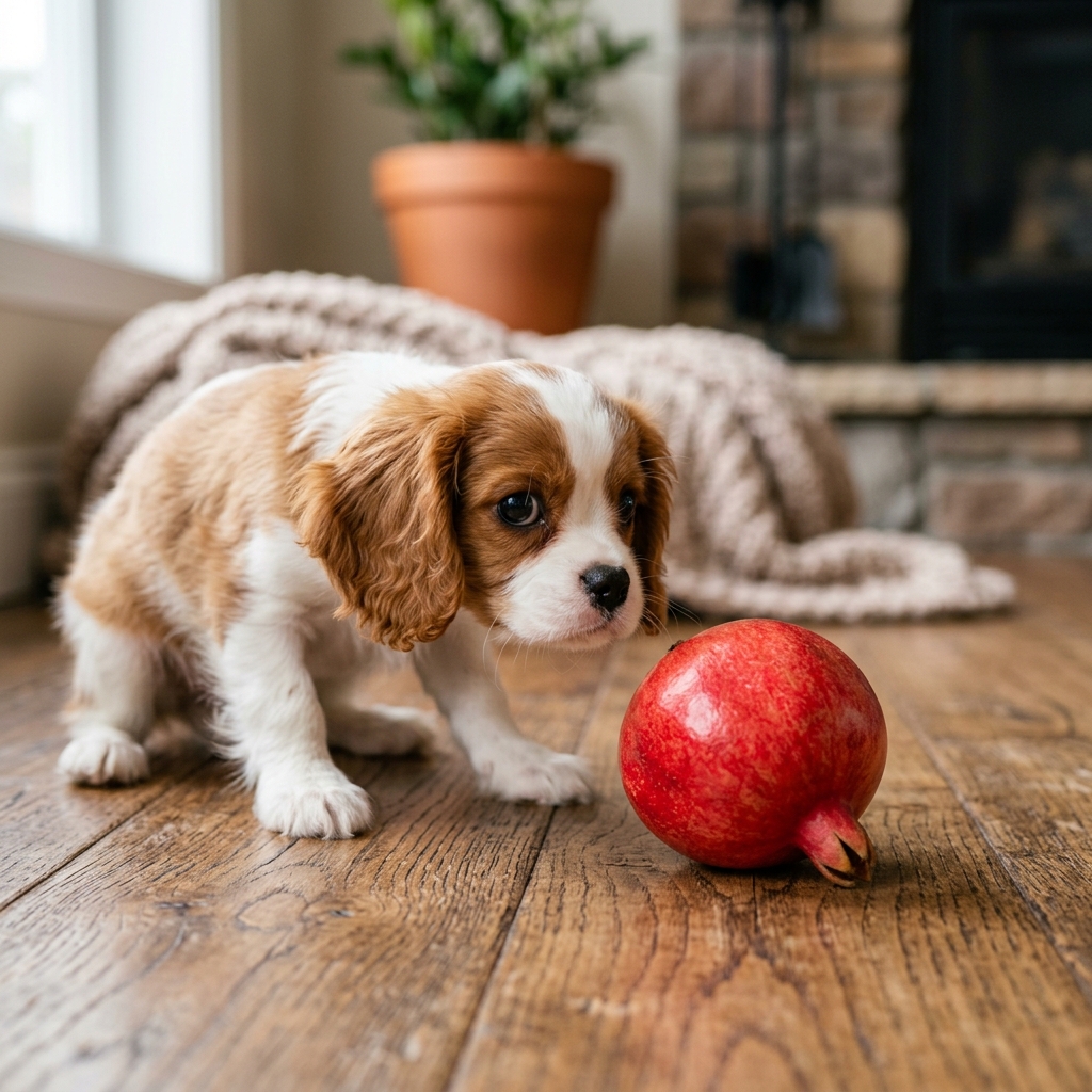 A cute dog looking at a red pomegranate on the floor