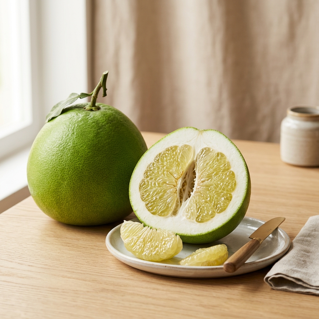 Fresh organic pomelo sliced on a rustic table