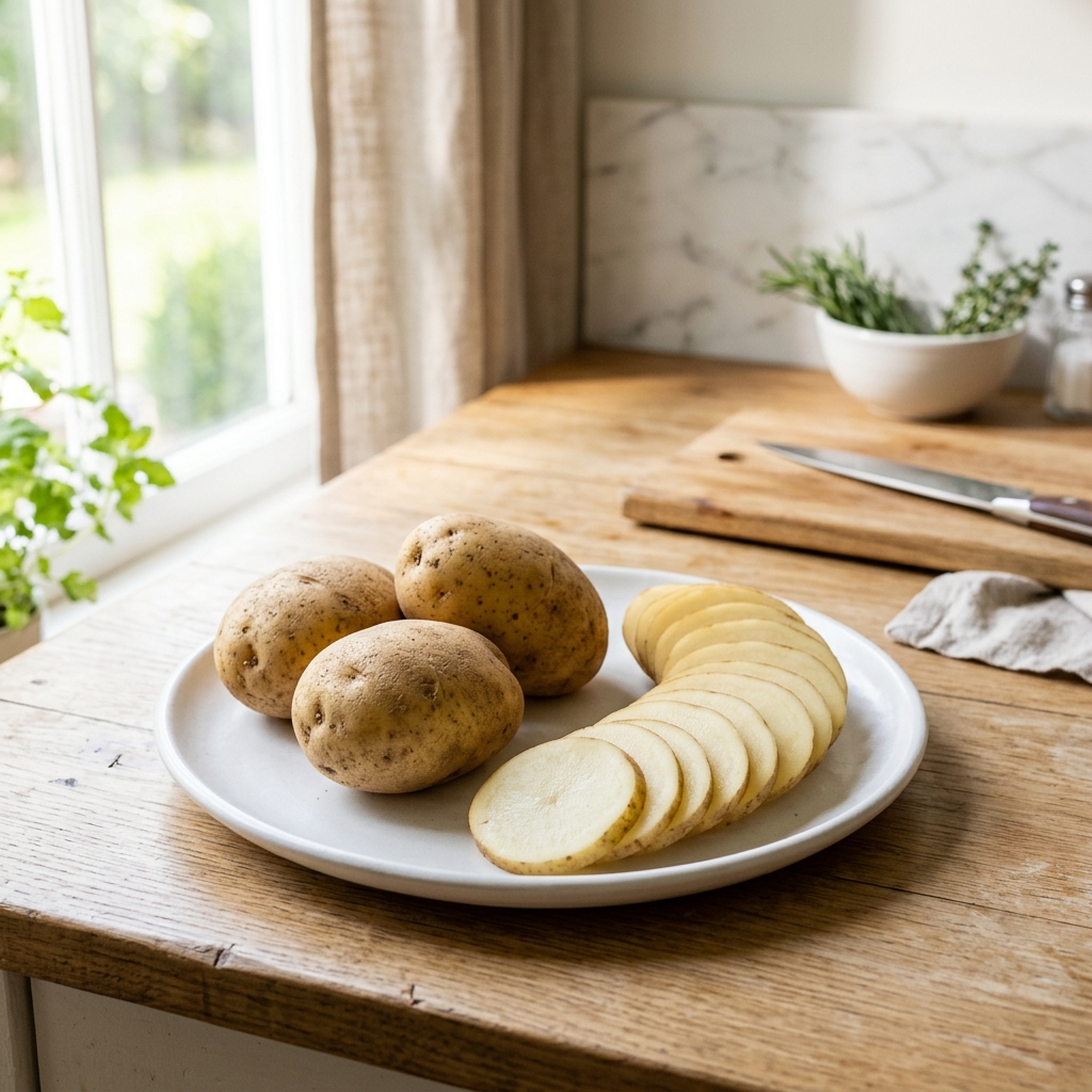 Fresh raw potatoes and sliced potatoes arranged on a white plate