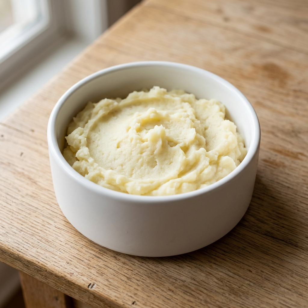 Cooked, peeled and mashed potatoes in a pet food bowl