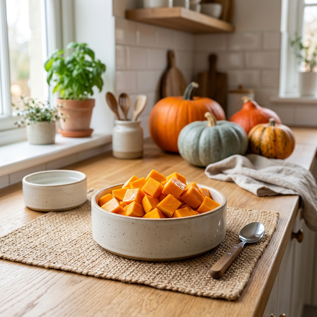 Beautiful freshly cut pumpkin pieces artfully arranged in a modern pet food bowl