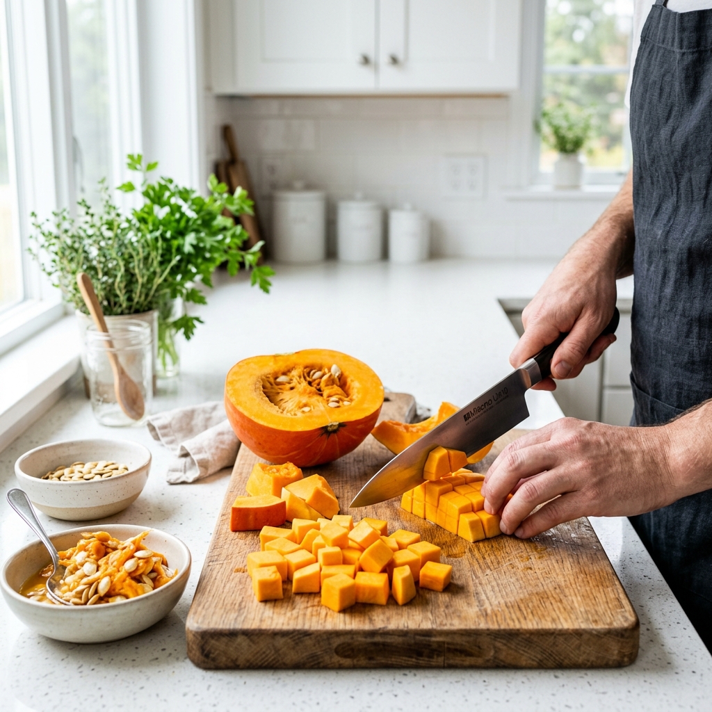 Preparing fresh raw orange pumpkin pieces on a wooden cutting board
