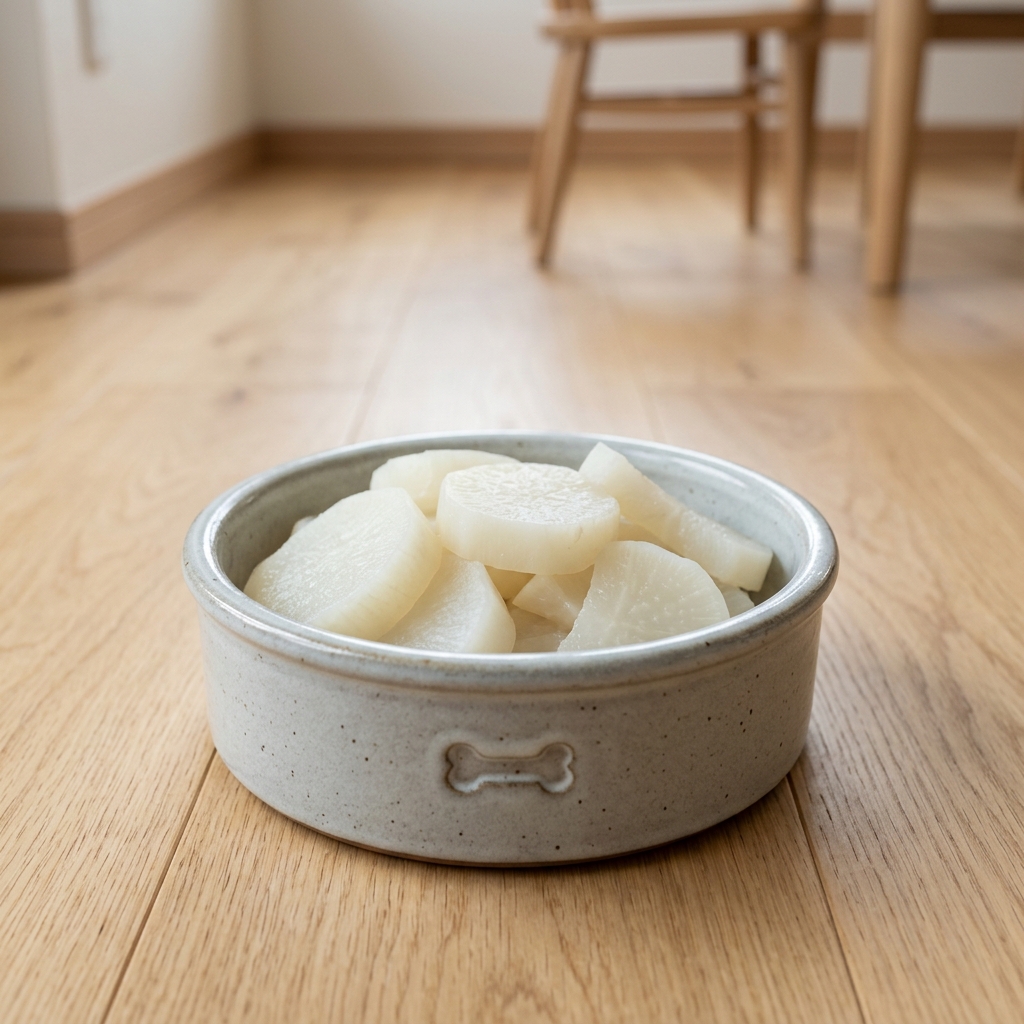 Boiled white radish slices in a pet food dish