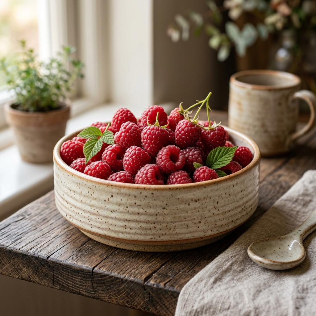 Fresh organic red raspberries artfully arranged in a beautiful modern ceramic pet food bowl with warm lighting
