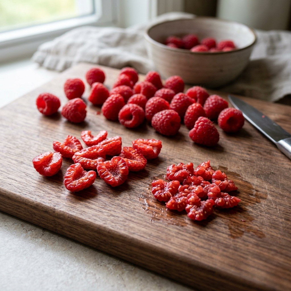 Preparing fresh organic red raspberries on a cutting board, gently mashing them for safe dog treats