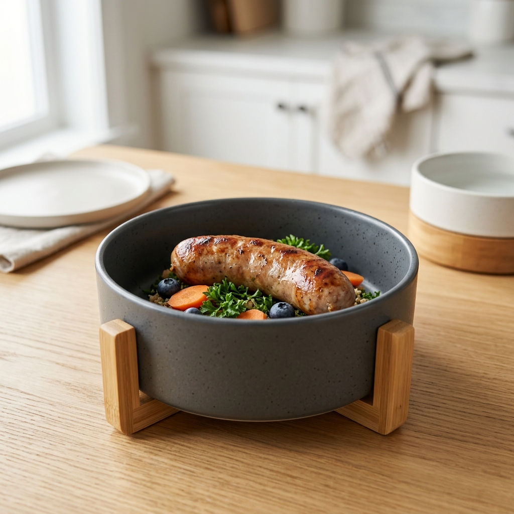 Beautiful freshly prepared 香腸 inside a modern pet food bowl