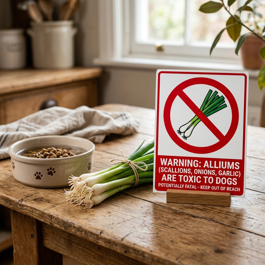 Green scallions with a red warning cross sign next to a dog bowl