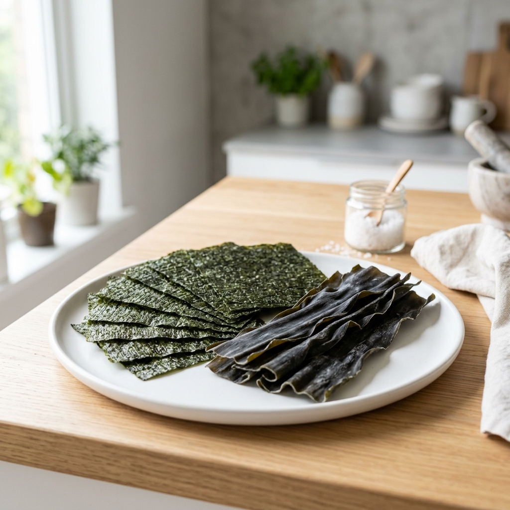 Clean dried nori seaweed sheets and kelp strips artfully arranged on a modern plate