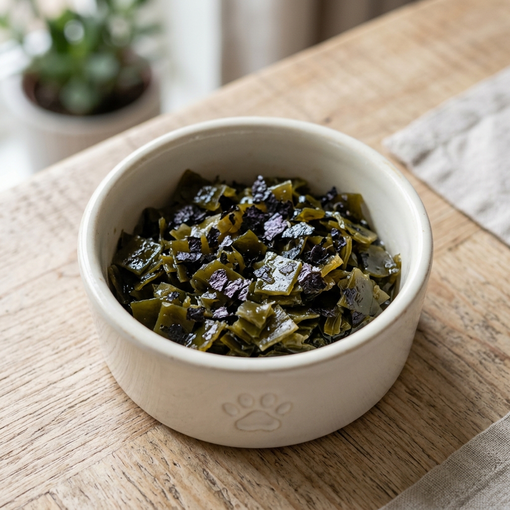 Chopped unseasoned kelp and dried nori in a pet food bowl