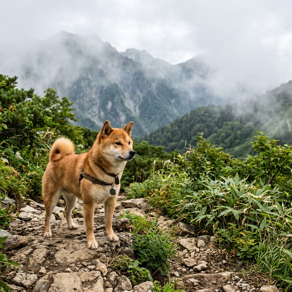shibainu站在岩石山上的