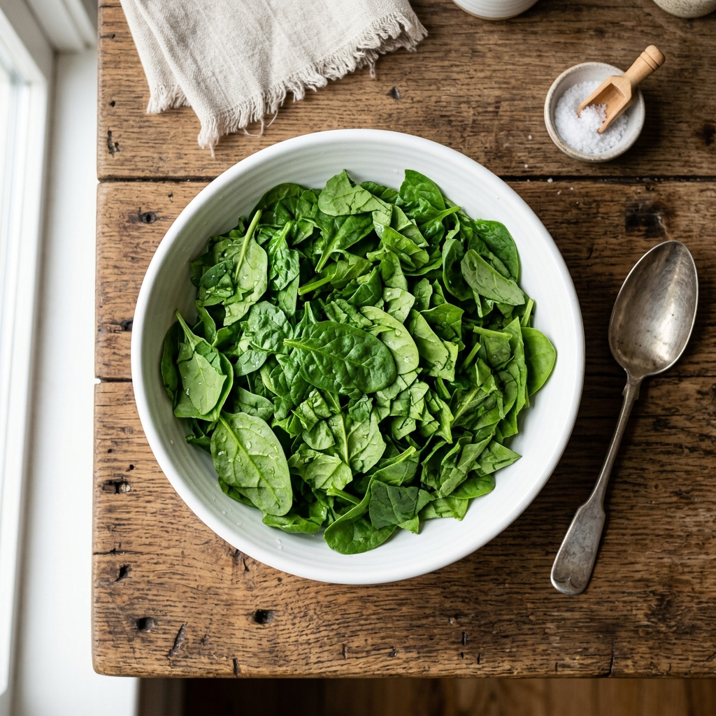 Beautiful fresh spinach leaves in a white bowl ready for pet safe preparation