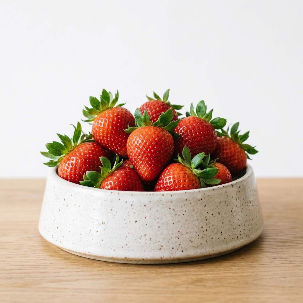 Fresh organic strawberries with green leaves artfully arranged in a beautiful modern ceramic pet food bowl