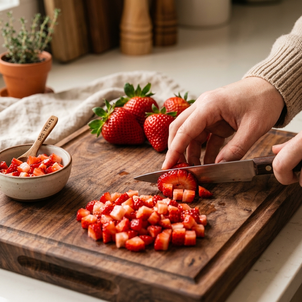 Slicing fresh clean strawberries on a modern wooden cutting board into small bite-sized pieces for dogs
