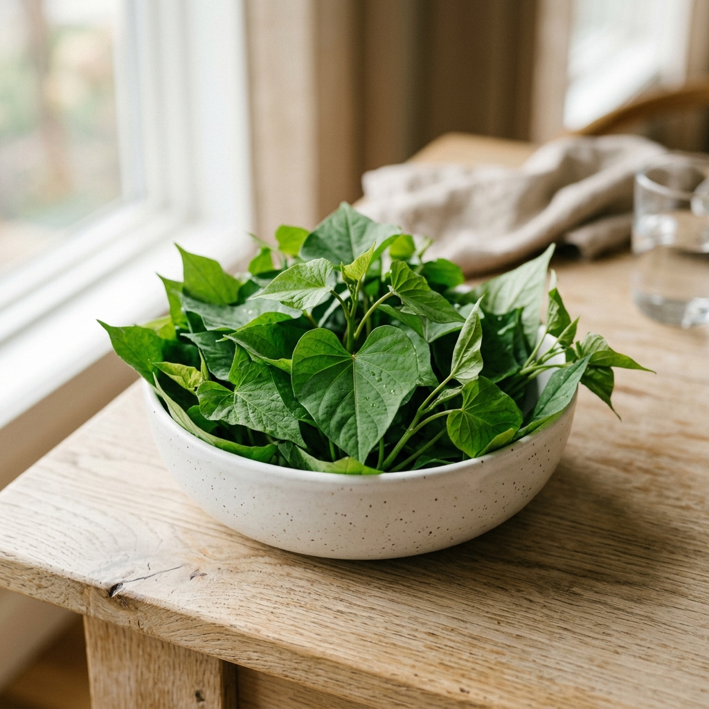Fresh green sweet potato leaves arranged in a bowl