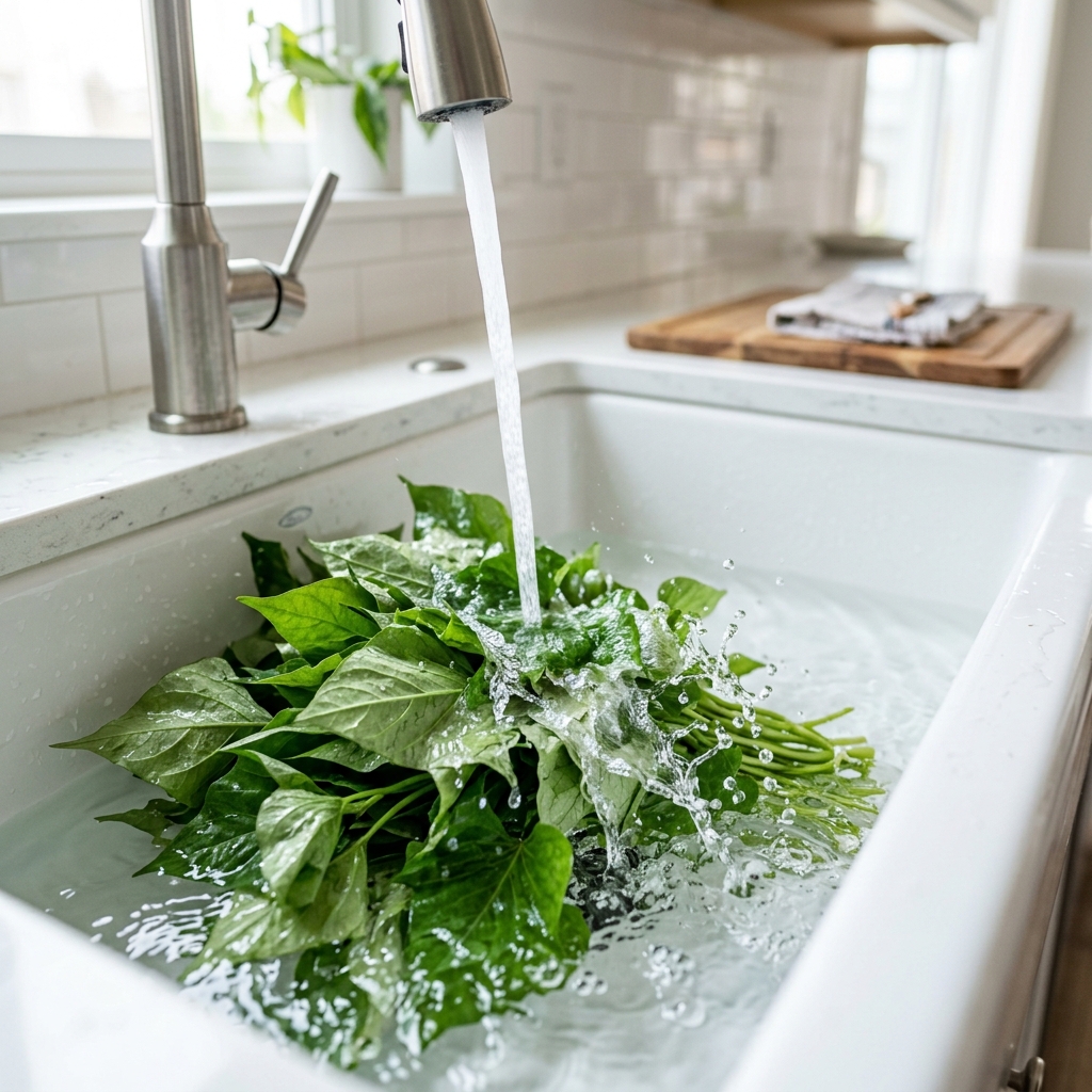 Washing fresh green sweet potato leaves under clean water without hands