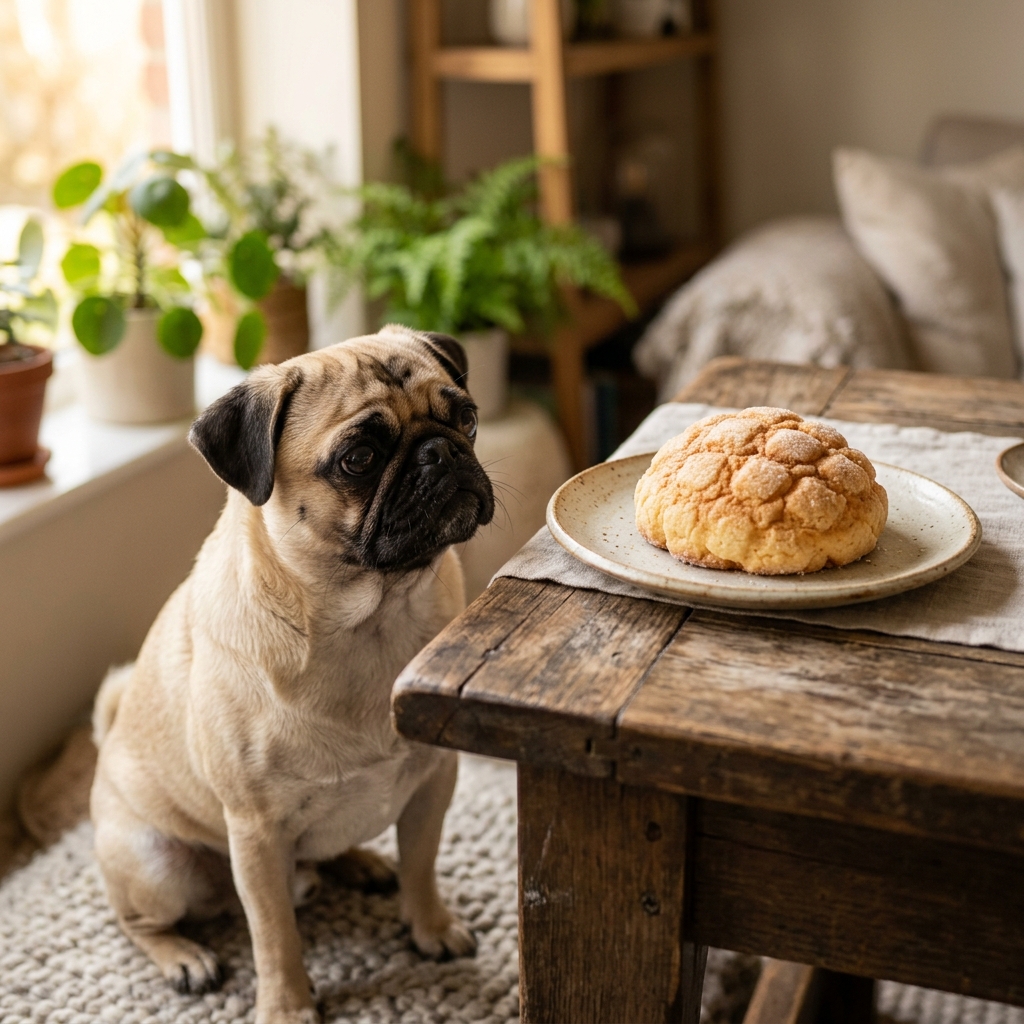 A cute Pug dog looking curiously at a Japanese melonpan sweet bread on table