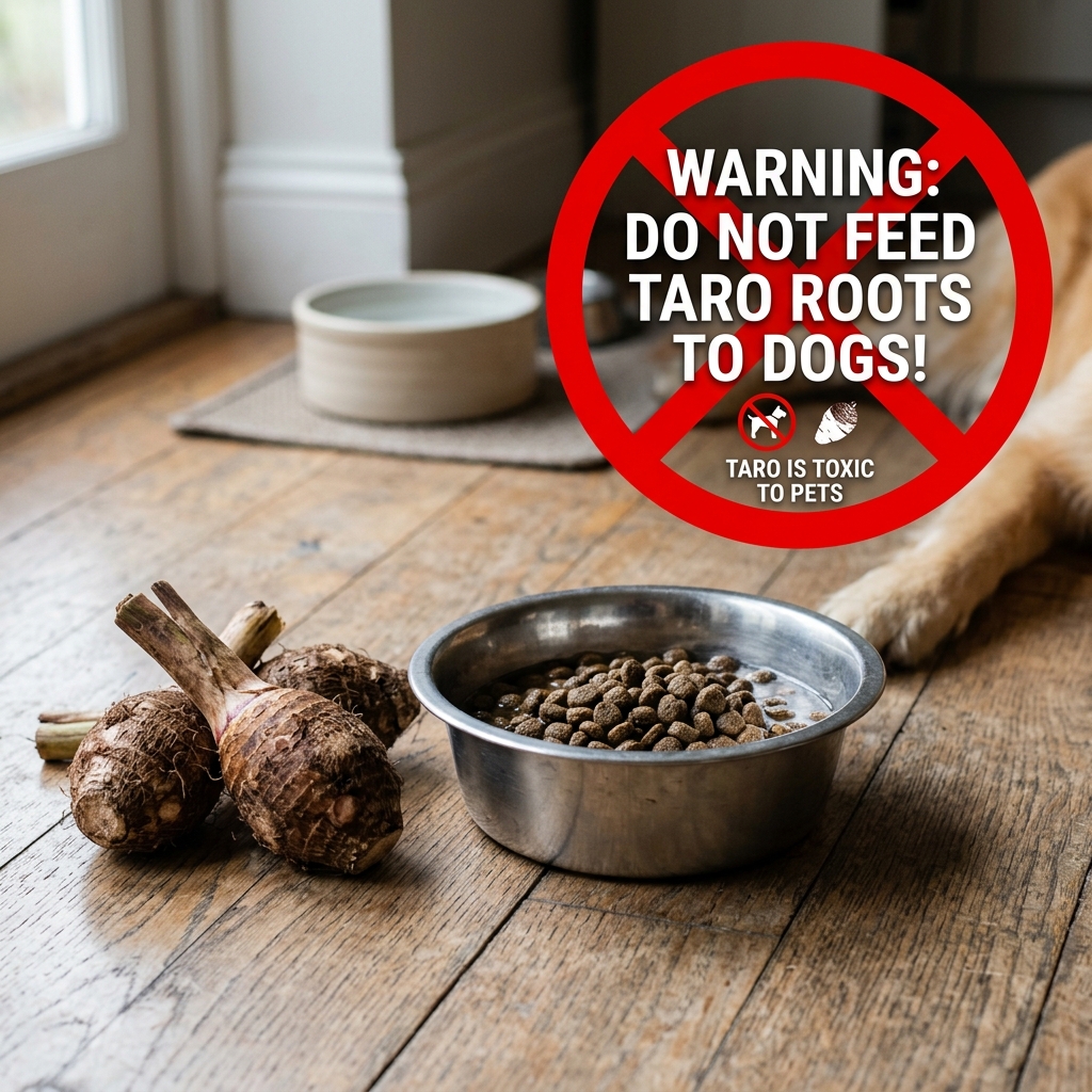 Taro roots next to a dog bowl with a red warning cross sign