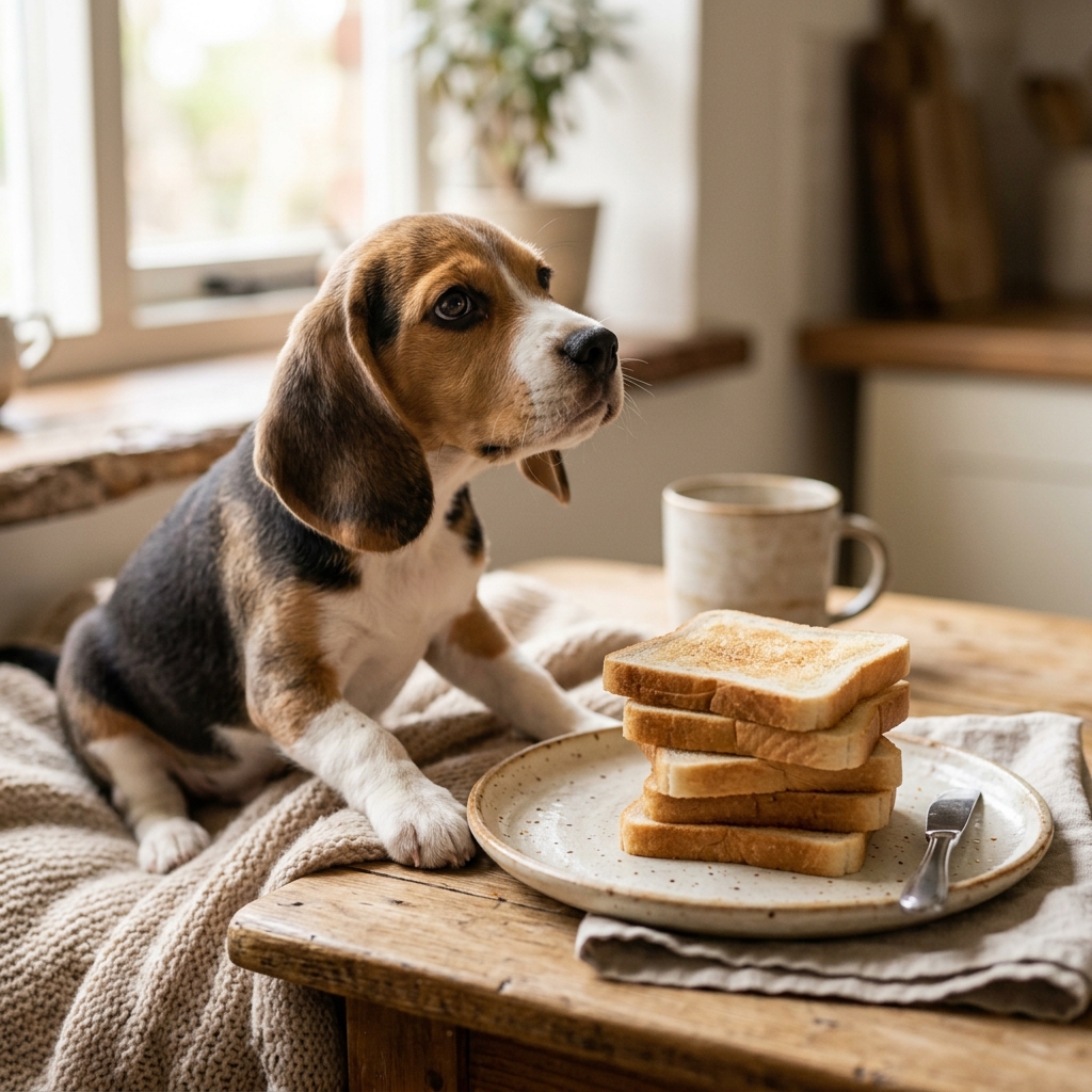 Fresh white bread toast slices on a ceramic plate with a Beagle dog looking