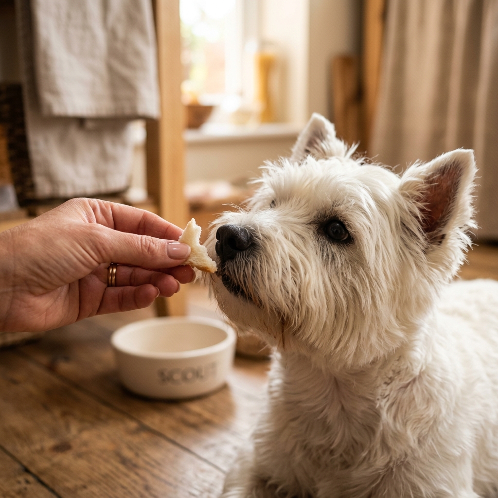 A close-up of a hand offering a tiny torn piece of white toast to a Westie dog