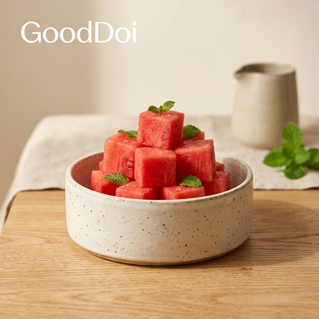 Fresh red watermelon cubes in a modern dog bowl, summer pet food styling banner