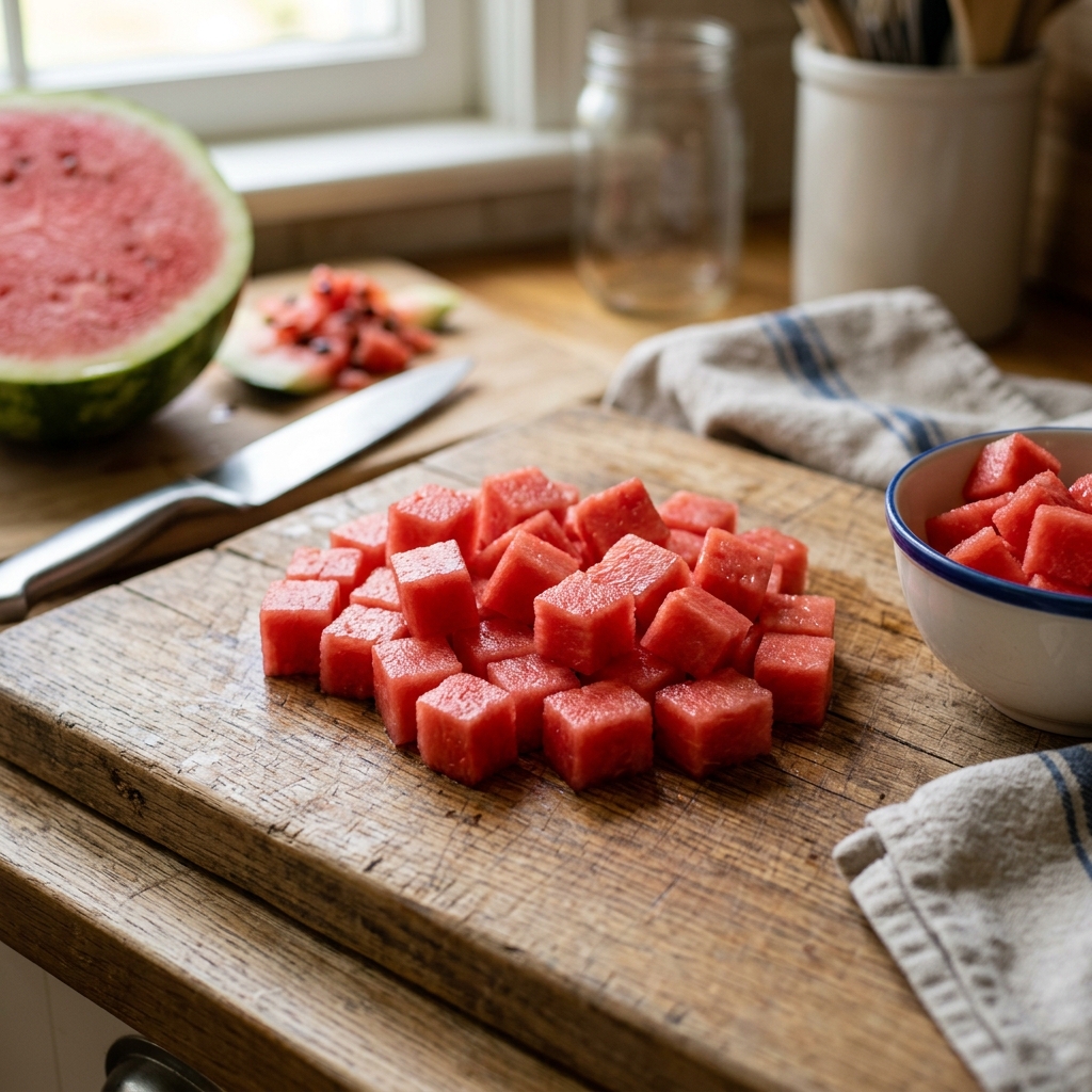 Slicing fresh watermelon on a wooden board, removing green rind and black seeds