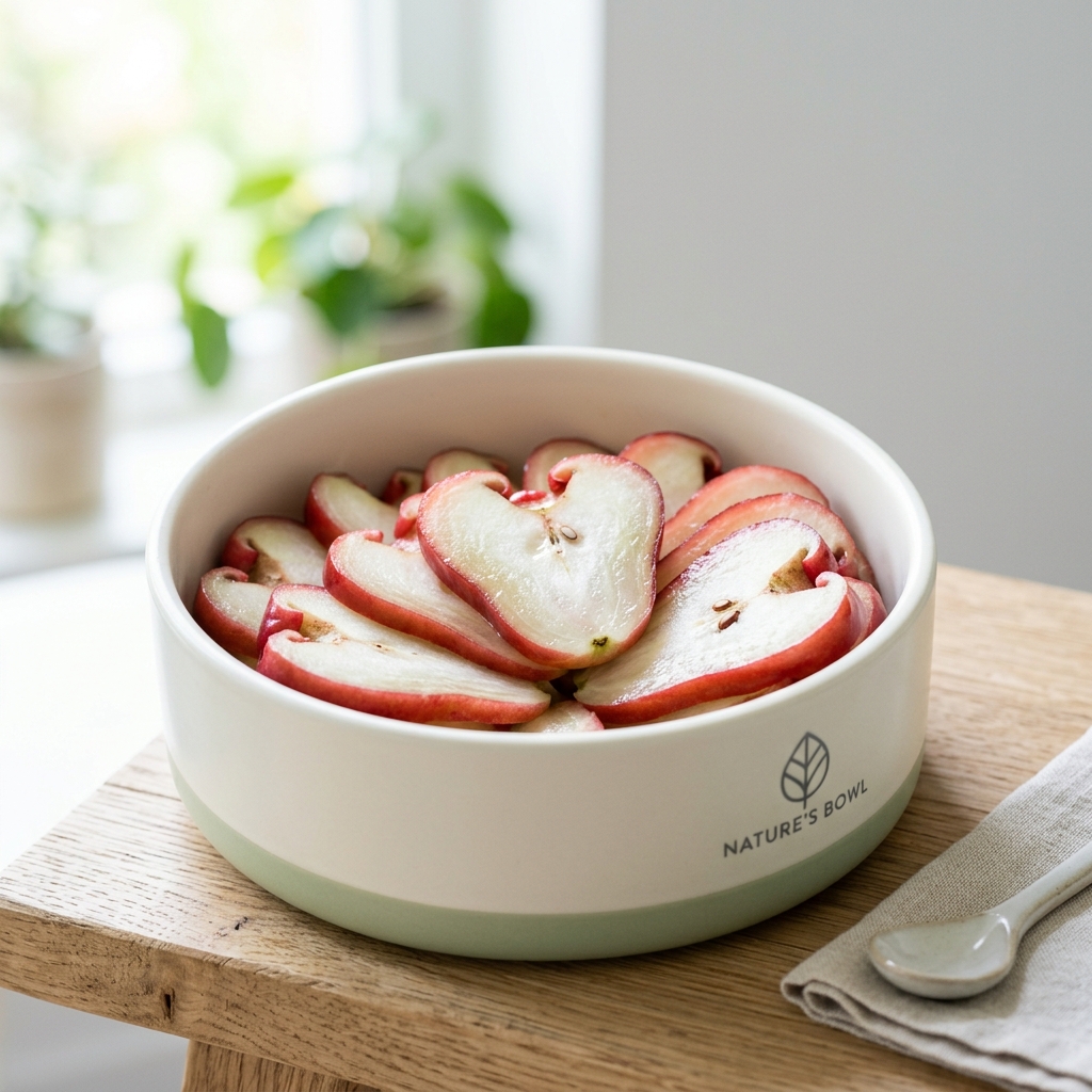 Artfully arranged fresh organic wax apple slices inside a modern pet food bowl