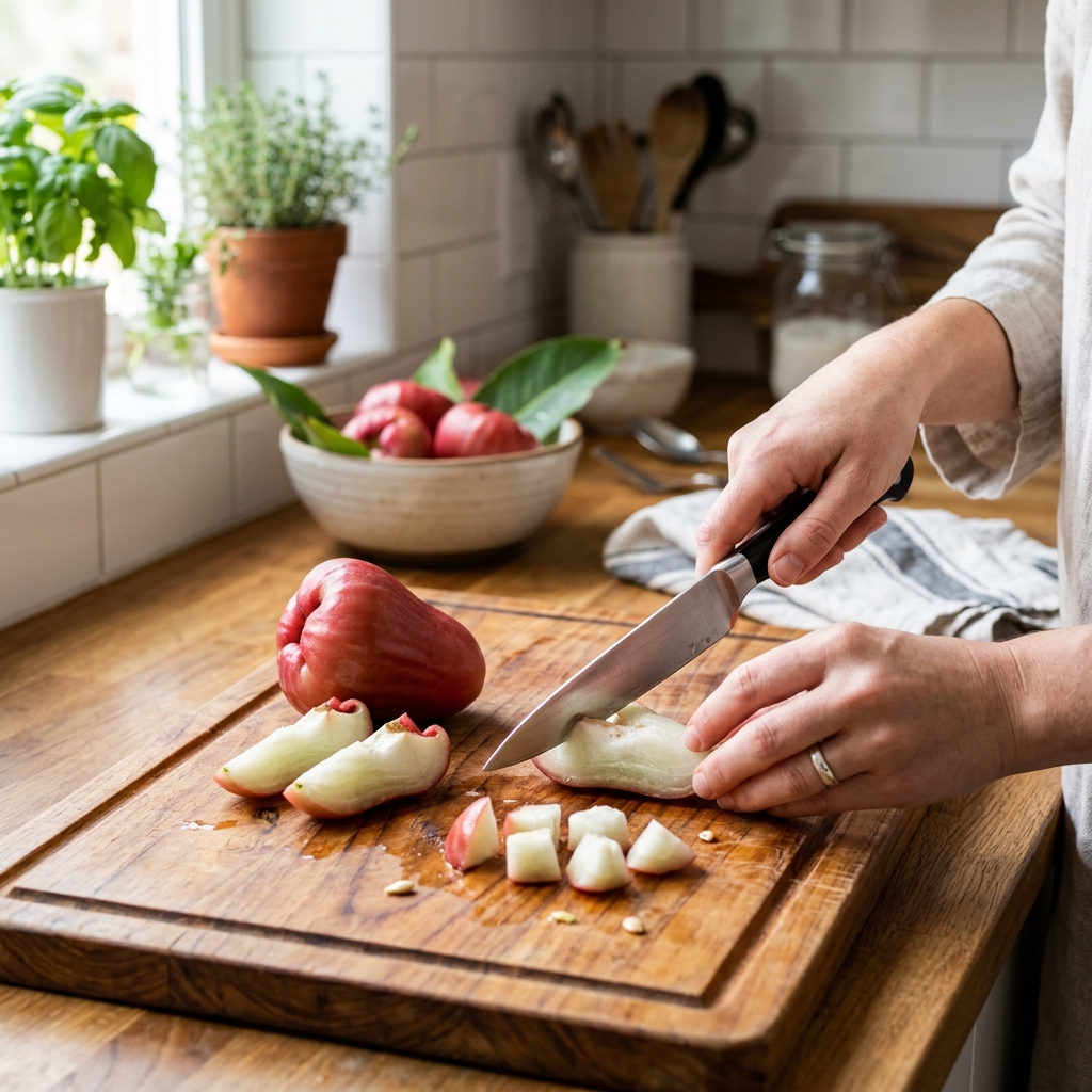 Fresh wax apple being sliced into small circular pieces on a wooden cutting board